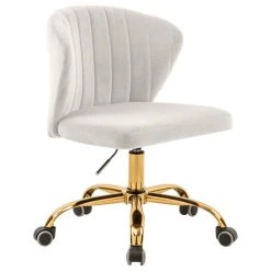 Meridian Furniture Finley Swivel And Adjustable Velvet Office Chair, Cream, Rich Gold Base