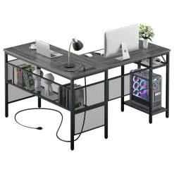 EFurnish L Shaped Desk, Grid Design With Metal Frame & Charging Station, Black Oak