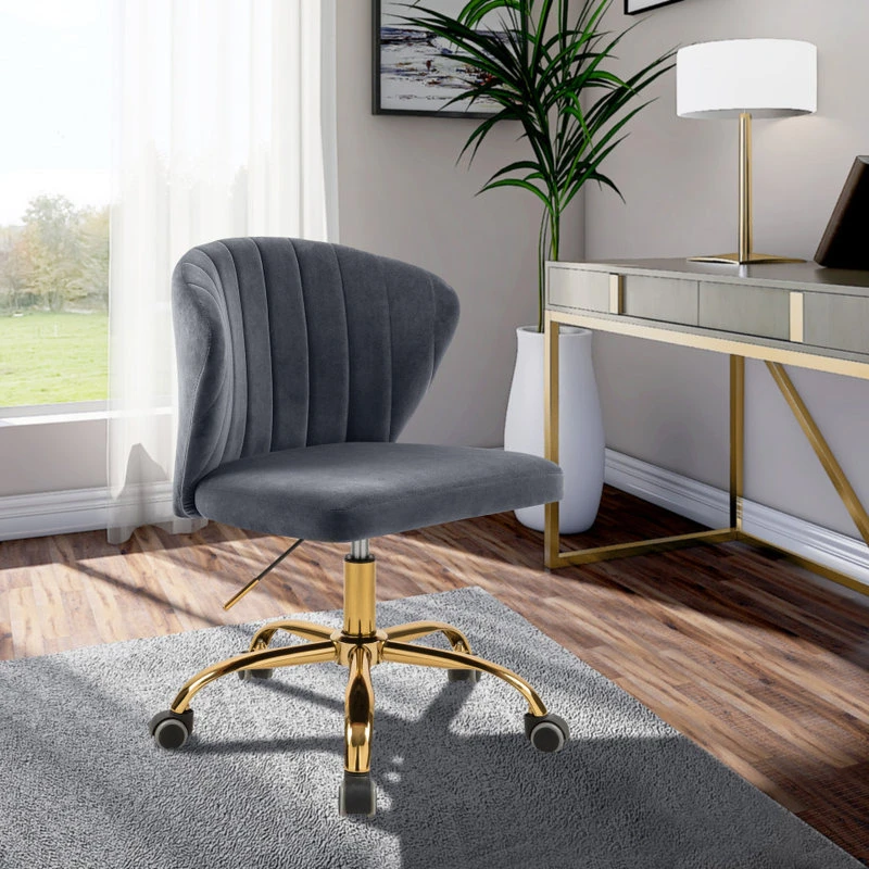 Meridian Furniture Finley Swivel And Adjustable Velvet Office Chair, Gray, Rich Gold Base 4 Meridian Furniture Finley Swivel And Adjustable Velvet Office Chair, Gray, Rich Gold Base - Image 2