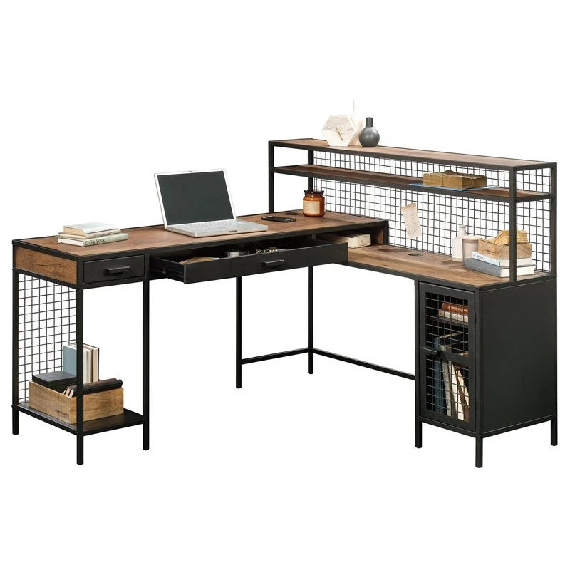 Sauder Boulevard Cafe Mid-Century Metal L-Shape Computer Desk In Vintage Oak 4 Sauder Boulevard Cafe Mid-Century Metal L-Shape Computer Desk In Vintage Oak - Image 2