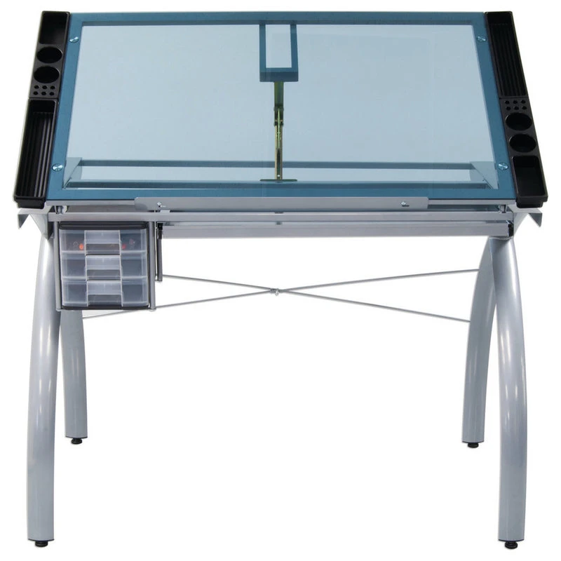 Offex Contemporary Blue Tempered Glass Top Futura Craft Station, Silver 4 Offex Contemporary Blue Tempered Glass Top Futura Craft Station, Silver - Image 2