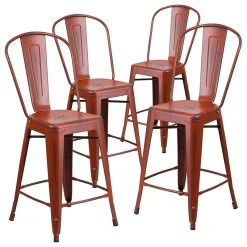 Decor Love Set Of 4 Contemporary Counter Stool, Comfortable Ergonomic Back, Distressed Red