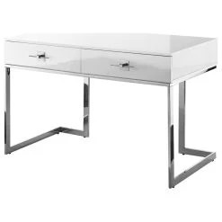Nicole Miller Moku Desk, 2 Drawers, White And Chrome