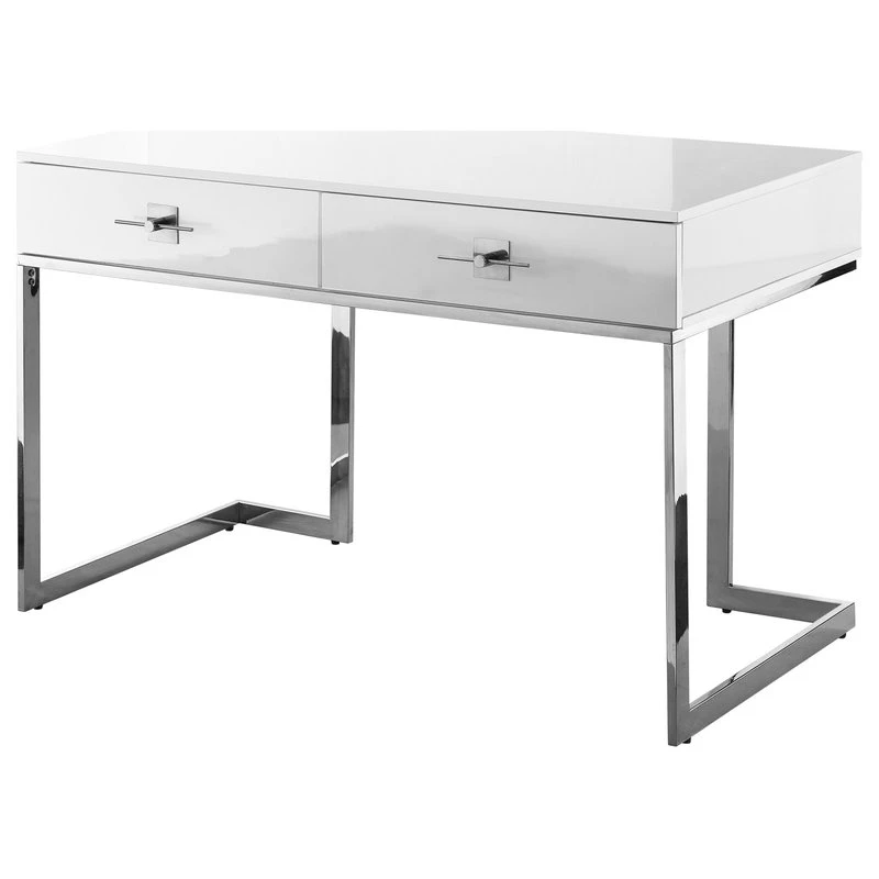 Nicole Miller Moku Desk, 2 Drawers, White And Chrome 3 Nicole Miller Moku Desk, 2 Drawers, White And Chrome
