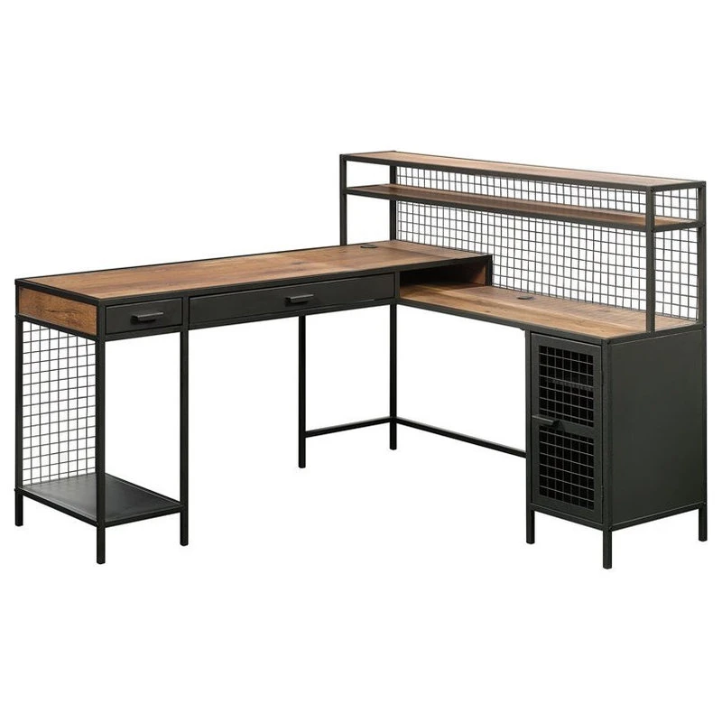 Sauder Boulevard Cafe Mid-Century Metal L-Shape Computer Desk In Vintage Oak 3 Sauder Boulevard Cafe Mid-Century Metal L-Shape Computer Desk In Vintage Oak