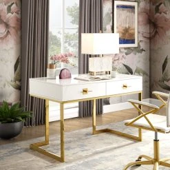 Nicole Miller Moku Desk, 2 Drawers, White And Gold -Boraam Industries Shop 1a6186c60e9f65dc 9558 w800 h800 b0 p0