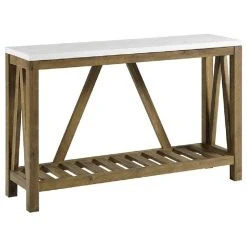Walker Edison 52" A-Frame Rustic Entry Console Table, White Faux-Marble/Walnut