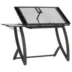 Offex Craft Table With Drawer And Folding Side Shelf - Pewter Grey, Clear Glass