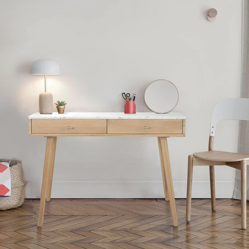 The Bianco Collection Viola 44" Rectangular Italian Carrara White Marble Writing Desk, Oak, 15" Wide 9 The Bianco Collection Viola 44" Rectangular Italian Carrara White Marble Writing Desk, Oak, 15" Wide - Image 7