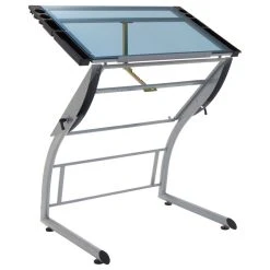 Studio Designs Triflex Drawing Drafting Standing Table, Silver/Blue Glass