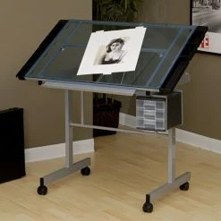 Offex Home Office Indoor Vision Craft Station, Silver/Blue Glass -Boraam Industries Shop 2511f09609c8d008 9350 w800 h800 b0 p0