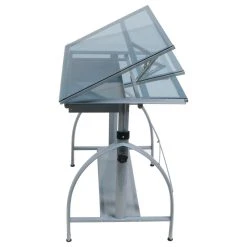 Offex Avanta Height Adjustable Blue Tempered Glass Top Drafting Table, Silver