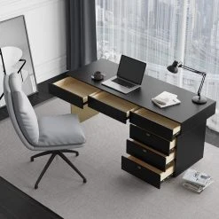 HOMARY 63" Black Office Computer Desk With Storage 6 Drawer Gold Leg -Boraam Industries Shop 2b71b7650109027e 9074 w800 h800 b0 p0