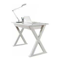 Walker Edison 48" Black Glass Computer Desk, White