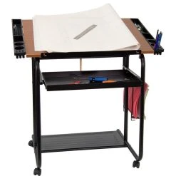 Flash Furniture Adjustable Drawing And Drafting Table With Black Frame And Dual Wheel Casters