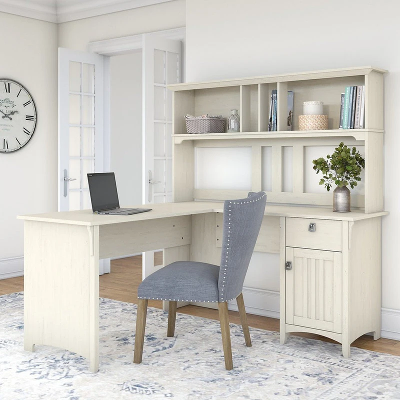 Bush Industries 60" Bush Furniture Salinas L Shaped Desk With Hutch, Antique White 4 Bush Industries 60" Bush Furniture Salinas L Shaped Desk With Hutch, Antique White - Image 2