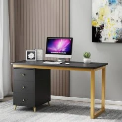HOMARY Modern 55" Black Wooden Home Office Writing Desk, Drawers, Gold -Boraam Industries Shop 5b810008025e8b08 3917 w800 h800 b0 p0