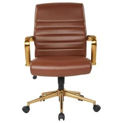 Office Star Products Mid-Back Faux Leather Chair With Gold Arms And Base, Saddle