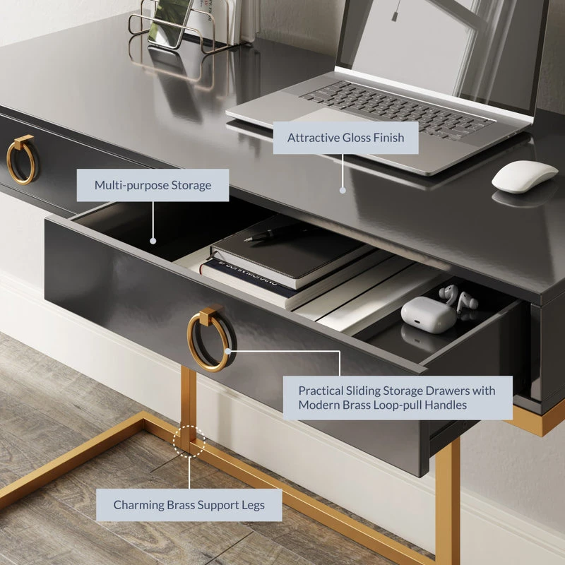 Belleze Home Office 2-Drawer Desk/Vanity Table, Wood And Metal, Black 6 Belleze Home Office 2-Drawer Desk/Vanity Table, Wood And Metal, Black - Image 4