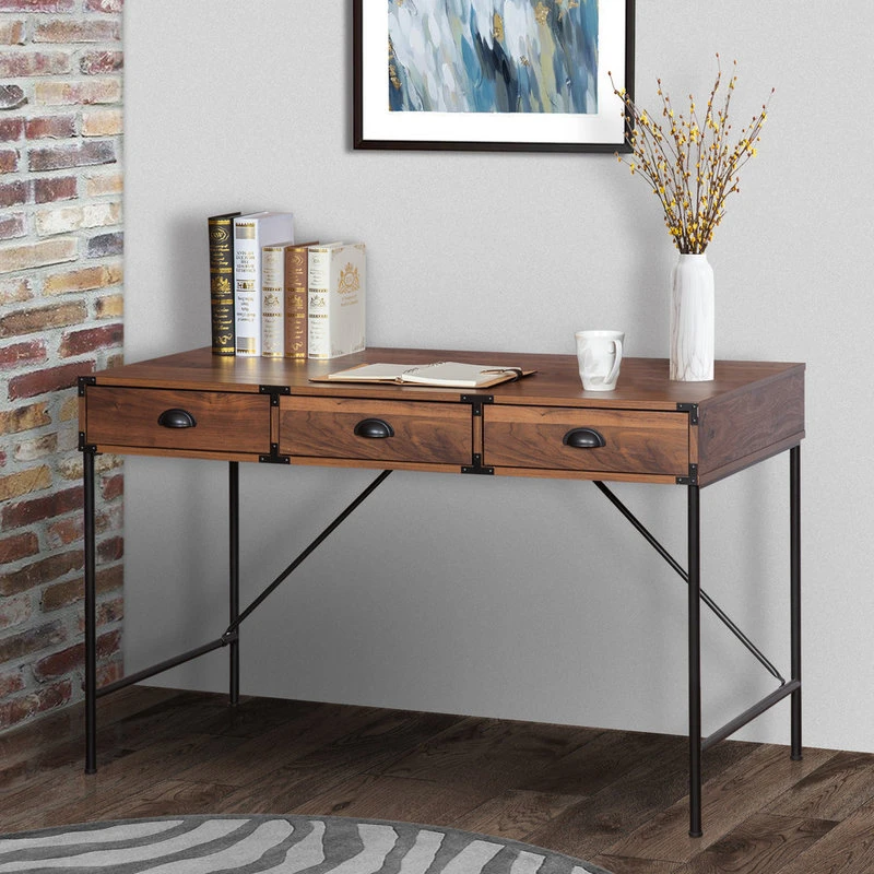 AGH Deco Brunei 3-Drawer Writing Desk, Walnut Wood Grain, 47" 4 AGH Deco Brunei 3-Drawer Writing Desk, Walnut Wood Grain, 47" - Image 2
