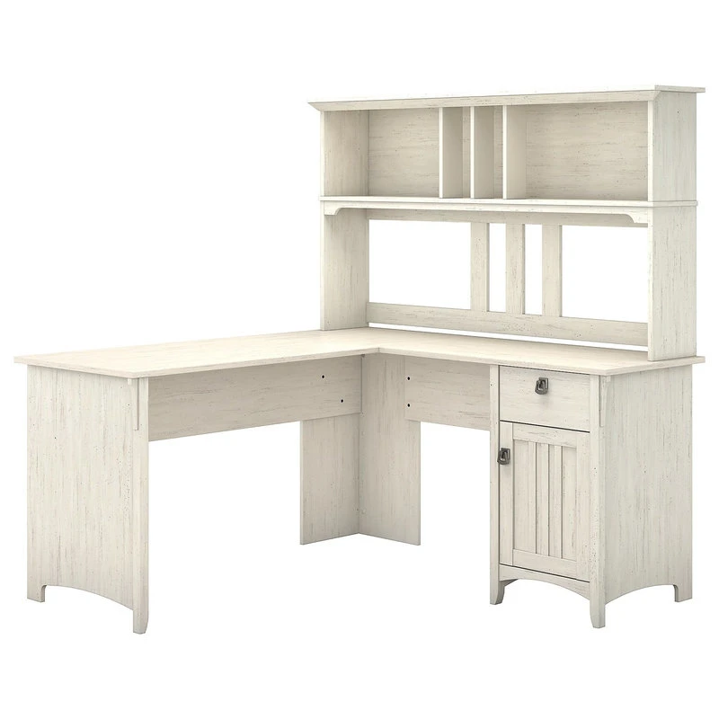 Bush Industries 60" Bush Furniture Salinas L Shaped Desk With Hutch, Antique White 3 Bush Industries 60" Bush Furniture Salinas L Shaped Desk With Hutch, Antique White