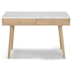 The Bianco Collection (TBC) Viola 44" Rectangular Italian Carrara White Marble Writing Desk With Oak Leg