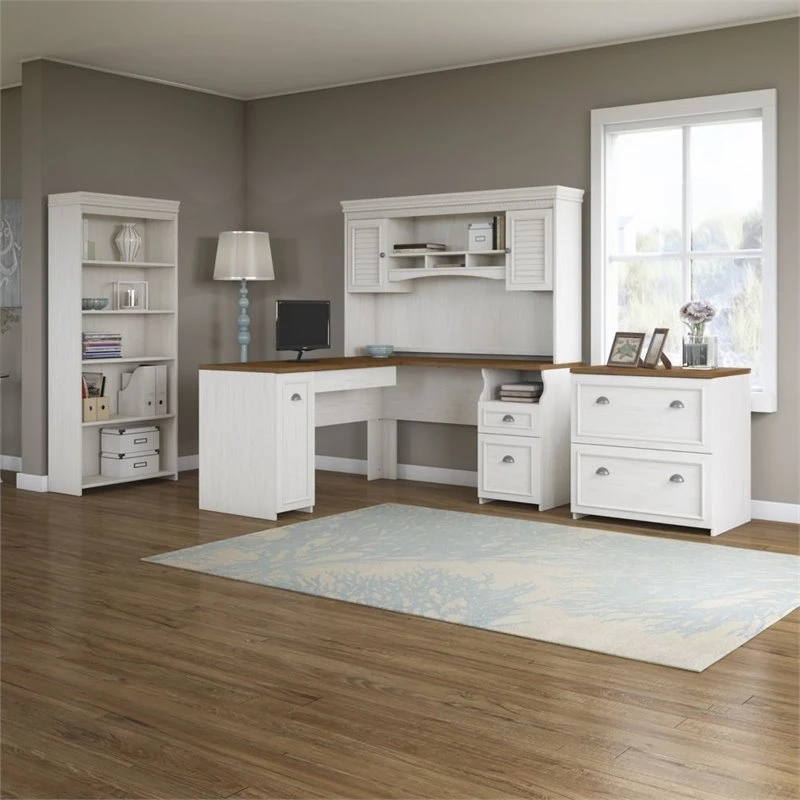 Bush Business Furniture Fairview L Shaped Desk 4 Pc Set With Storage In Antique White - Engineered Wood 4 Bush Business Furniture Fairview L Shaped Desk 4 Pc Set With Storage In Antique White - Engineered Wood - Image 2