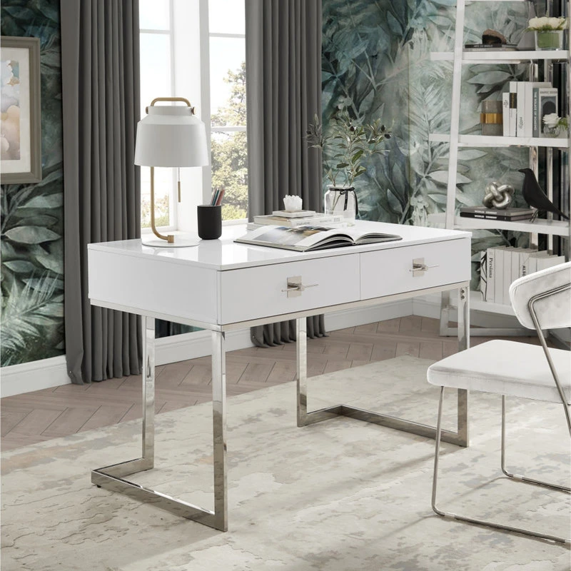 Nicole Miller Moku Desk, 2 Drawers, White And Chrome 12 Nicole Miller Moku Desk, 2 Drawers, White And Chrome - Image 10