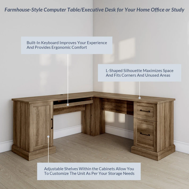 Belleze Modern Corner L-Shaped Home Office Computer Laptop Desk, Rustic Oak 6 Belleze Modern Corner L-Shaped Home Office Computer Laptop Desk, Rustic Oak - Image 4