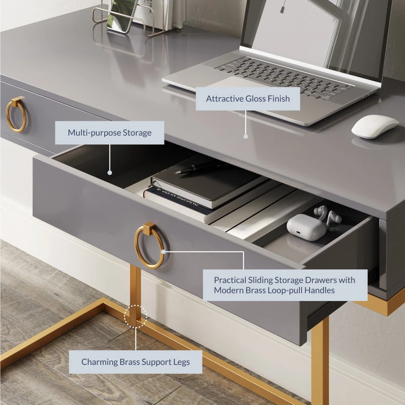 Belleze Home Office 2-Drawer Desk/Vanity Table, Wood And Metal, Gray 6 Belleze Home Office 2-Drawer Desk/Vanity Table, Wood And Metal, Gray - Image 4