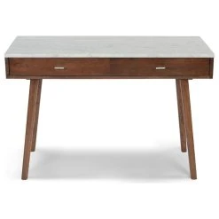 The Bianco Collection Viola 44" Rectangular Italian Carrara White Marble Writing Desk With Walnut Legs