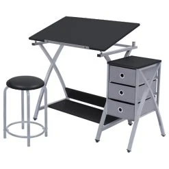 Offex Home Office 3-Piece Comet Center Set With Stool , Silver/Black