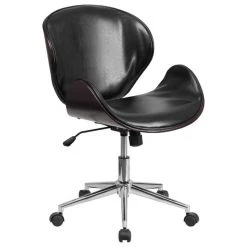 Flash Furniture Mid-Back Mahogany Wood Swivel Conference Chair, Black Leather, Black/Mahogany