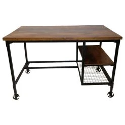 Benzara, Woodland Imprts, The Urban Port Industrial Design Office Computer Desk With Two Side Shelves, Brown And Antique
