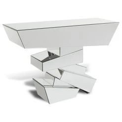 Zuri Furniture Modern Naxos Console Table Mirrored Glass Finish Sharp Geometric Design