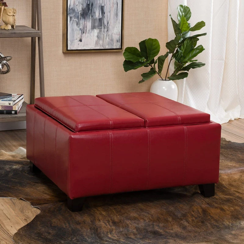 Decorn Contemporary Storage Ottoman, PU Leather Upholstery & 2 Flip Over Trays, Red 4 Decorn Contemporary Storage Ottoman, PU Leather Upholstery & 2 Flip Over Trays, Red - Image 2