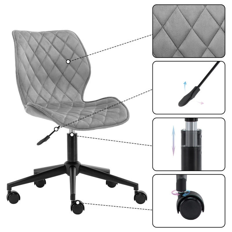 Duhome Elegant Lifestyle Diamond Stitched Black Base Velvet Office Chair, Grey 6 Duhome Elegant Lifestyle Diamond Stitched Black Base Velvet Office Chair, Grey - Image 4