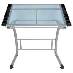 Offex Triflex Drawing Table, Sit To Stand Up Desk, Silver/Blue Glass -Boraam Industries Shop c7611b7009c65433 9288 w800 h800 b1 p0