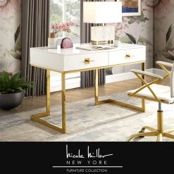 Nicole Miller Moku Desk, 2 Drawers, White And Gold -Boraam Industries Shop d6a14cb00e9f65c4 9558 w800 h800 b0 p0