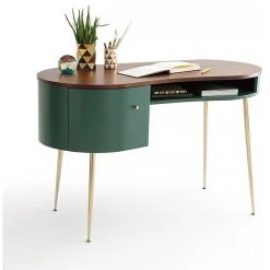 HOMARY Mid Century Green Curved Office Desk Computer Desk With Shelves & Storage Gold
