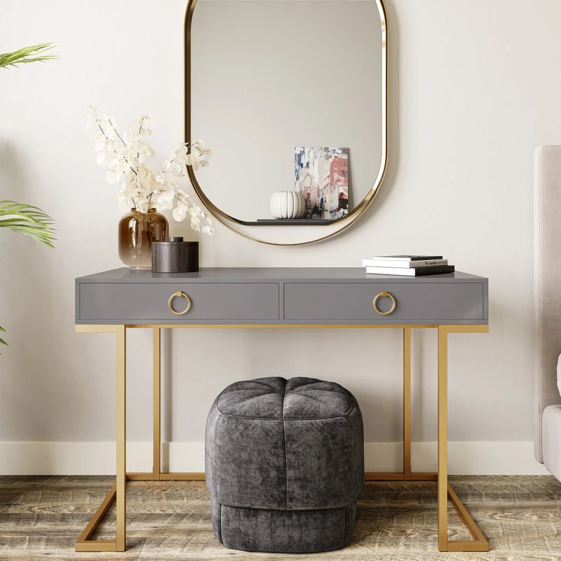 Belleze Home Office 2-Drawer Desk/Vanity Table, Wood And Metal, Gray 4 Belleze Home Office 2-Drawer Desk/Vanity Table, Wood And Metal, Gray - Image 2