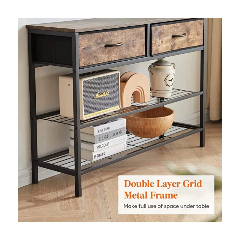 Anzy Rectangular 3-Tier Console Entryway Table With 2 Fabric Drawers, Rustic Brown 7 Anzy Rectangular 3-Tier Console Entryway Table With 2 Fabric Drawers, Rustic Brown - Image 5