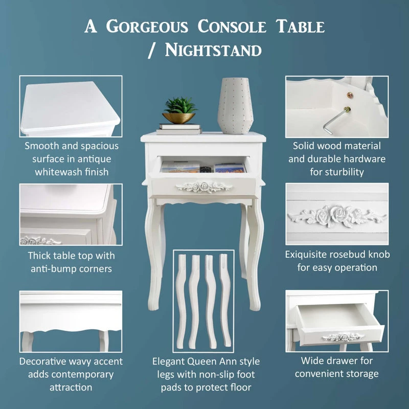 Home Garden Collections White Wood Nightstand Queen Anne Style Mid Century Console Table 6 Home Garden Collections White Wood Nightstand Queen Anne Style Mid Century Console Table - Image 4
