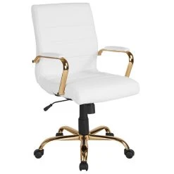 Flash Furniture Mid-Back White Leather Executive Swivel Office Chair With Gold Frame And Arms
