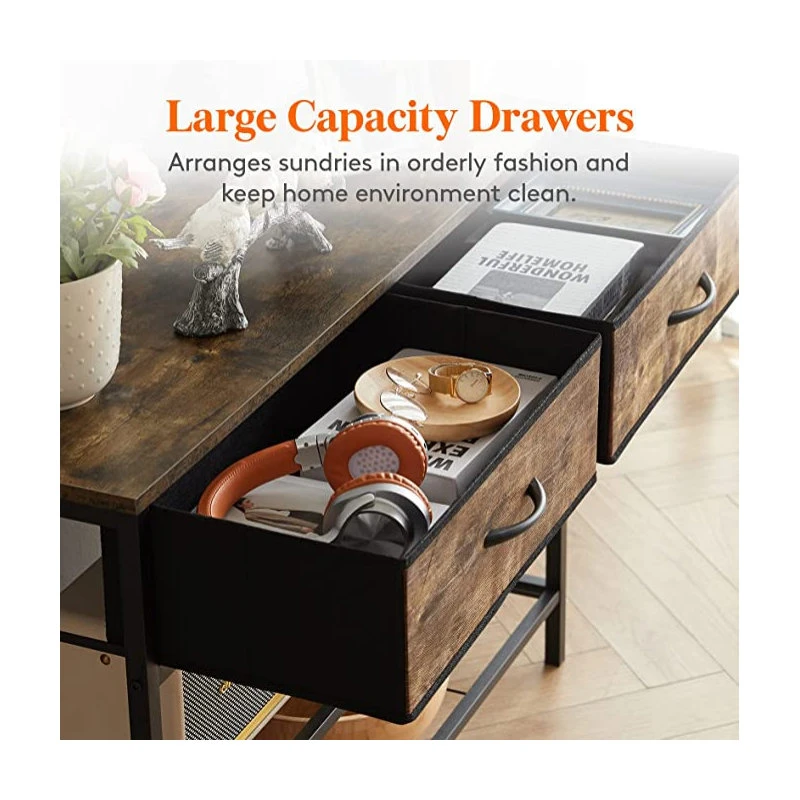 Anzy Rectangular 3-Tier Console Entryway Table With 2 Fabric Drawers, Rustic Brown 6 Anzy Rectangular 3-Tier Console Entryway Table With 2 Fabric Drawers, Rustic Brown - Image 4