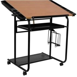 Flash Furniture Adjustable Drawing And Drafting Table With Black Frame And Dual Wheel Casters